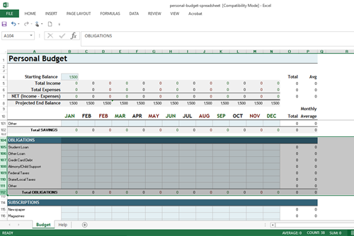 Personal Budget Spreadsheet Rows to Enter Debt and Other Obligations.