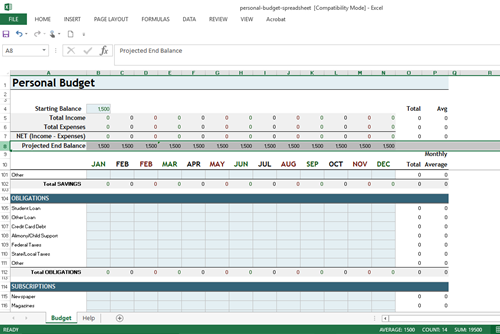 Personal Budget Spreadsheet Ending Balance Row