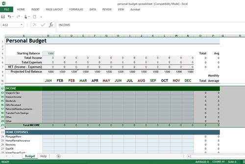 Personal Budget Worksheet Rows to Enter Income