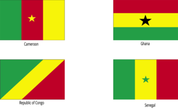 The flags of Cameroon, Ghana, Republic of Congo and Senegal with the Pan African colors.