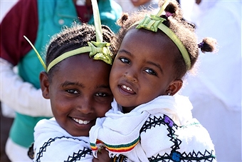 Children wearing the palm leaf headbands during Hosana the week before Ethiopian Easter in Ethiopia.
